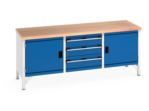 2M Metal Workbench - Cubio Storage Bench (Mpx) Full Cupboard / 3 Drw / Full Cupboard. WxDxH: 2000X750X840mm Ral 7035/5010 _SKU-41002055.11V