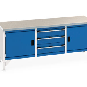 Workbench with Cupboard And Drawers - Cubio Storage Bench (Lino) Full Cupboard / 3 Drw / Full Cupboard. WxDxH: 2000X750X840mm Ral 7035/5010 _SKU-41002057.11V