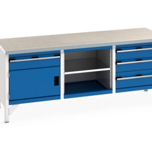 5 Drawer Workbench - Cubio Storage Bench (Lino) 5 Drawer-Door / Mid Shelf / 3 Drawers. WxDxH: 2000X750X840mm Ral 7035/5010 _SKU-41002060.11V