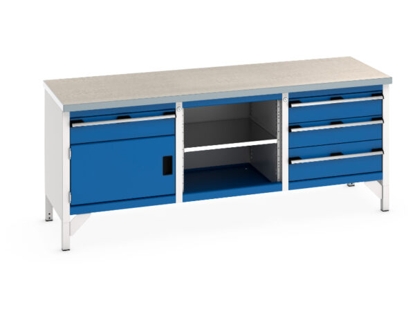 5 Drawer Workbench - Cubio Storage Bench (Lino) 5 Drawer-Door / Mid Shelf / 3 Drawers. WxDxH: 2000X750X840mm Ral 7035/5010 _SKU-41002060.11V