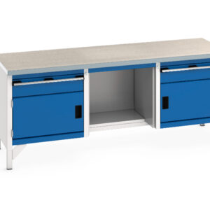 Long Heavy Duty Workbench - Cubio Storage Bench (Lino) 1 Drwr-Door / 1/2 Shelf / 1 Drwr-Door. WxDxH: 2000X750X840mm Ral 7035/5010 _SKU-41002069.11V