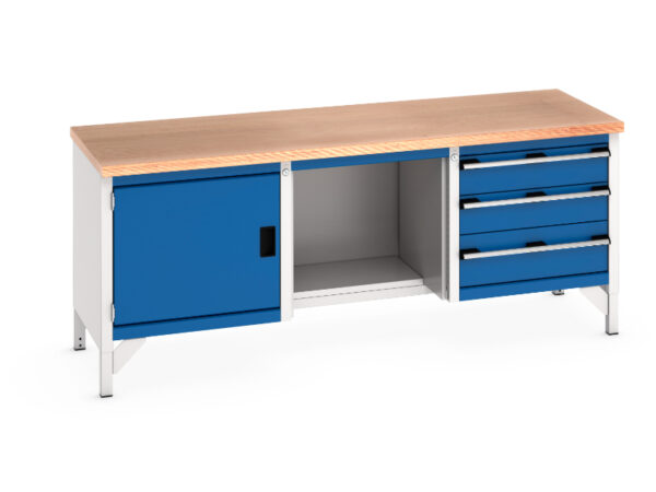 2M Workbench with Shelf - Cubio Storage Bench (Mpx) Full Cupboard / 1/2 Base Shelf / 3 Drw. WxDxH: 2000X750X840mm Ral 7035/5010 _SKU-41002070.11V