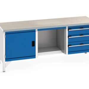 2M Metal Workbench with Storage Cupboard - Cubio Storage Bench (Lino) Full Cupboard / 1/2 Base Shelf / 3 Drw. WxDxH: 2000X750X840mm Ral 7035/5010 _SKU-41002072.11V