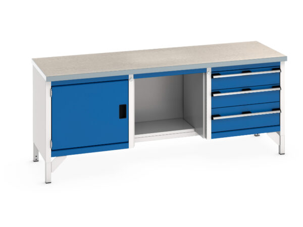 2M Metal Workbench with Storage Cupboard - Cubio Storage Bench (Lino) Full Cupboard / 1/2 Base Shelf / 3 Drw. WxDxH: 2000X750X840mm Ral 7035/5010 _SKU-41002072.11V