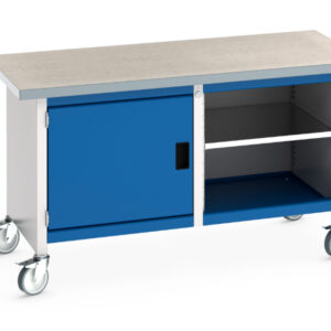 Heavy Duty Workbench On Wheels with Cupboard - Cubio Mobile Storage Bench (Lino) Full Cupboard / Mid Shelf. WxDxH: 1500X750X840mm Ral 7035/5010 _SKU-41002096.11V