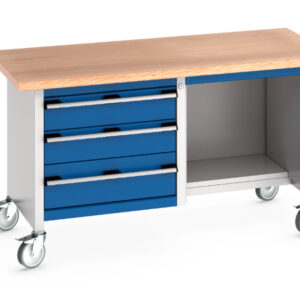 Rolling Workbench Cabinet - Cubio Mobile Storage Bench (Mpx) 3 Drawers / Open-1/2 Base Shelf. WxDxH: 1500X750X840mm Ral 7035/5010 _SKU-41002115.11V