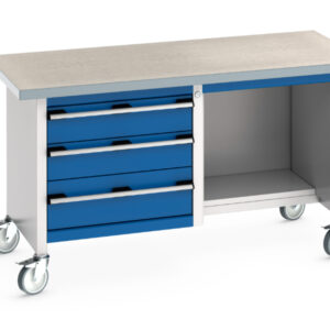 Rolling Stoarge Drawers Workbench - Cubio Mobile Storage Bench (Lino) 3 Drawers / Open-1/2 Base Shelf. WxDxH: 1500X750X840mm Ral 7035/5010 _SKU-41002117.11V