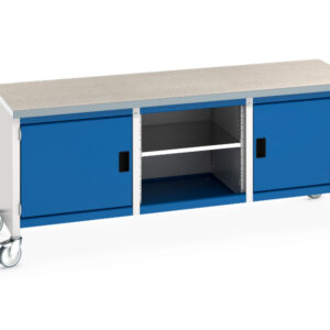 2M Mobile Workbench with Cupboard - Cubio Mobile Storage Bench (Lino) Full Cupboard / Mid Shelf /Full Cupboard. WxDxH: 2000X750X840mm Ral 7035/5010 _SKU-41002120.11V