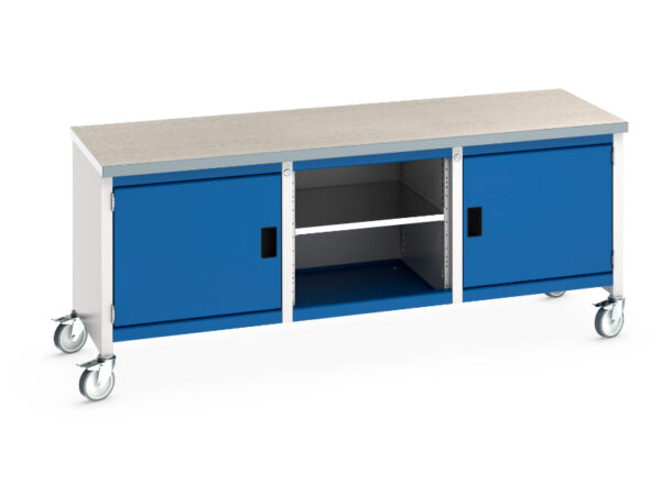 2M Mobile Workbench with Cupboard - Cubio Mobile Storage Bench (Lino) Full Cupboard / Mid Shelf /Full Cupboard. WxDxH: 2000X750X840mm Ral 7035/5010 _SKU-41002120.11V