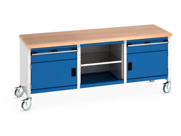 Mobile Workstation Heavy Duty - Cubio Mobile Storage Bench (Mpx) 1 Drwr-Door / Mid Shelf / 1 Drwr-Door. WxDxH: 2000X750X840mm Ral 7035/5010 _SKU-41002121.11V