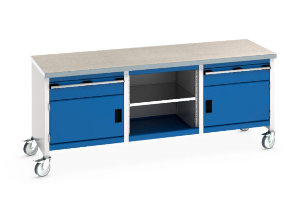 Wheeled Heavy Duty Steel Workbench Cabinet - Cubio Mobile Storage Bench (Lino) 1 Drwr-Door / Mid Shelf / 1 Drwr-Door. WxDxH: 2000X750X840mm Ral 7035/5010 _SKU-41002123.11V