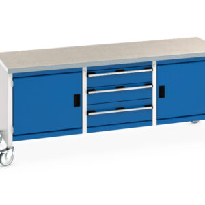 Workbench with Wheels And Drawers - Cubio Mobile Storage Bench (Lino) Full Cupboard / 3 Drw / Full Cupboard. WxDxH: 2000X750X840mm Ral 7035/5010 _SKU-41002126.11V