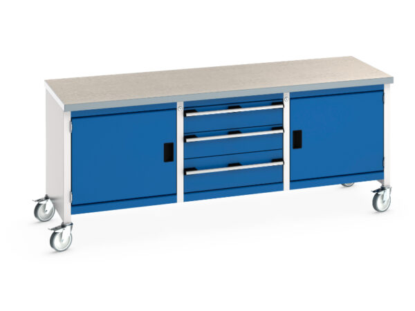 Workbench with Wheels And Drawers - Cubio Mobile Storage Bench (Lino) Full Cupboard / 3 Drw / Full Cupboard. WxDxH: 2000X750X840mm Ral 7035/5010 _SKU-41002126.11V