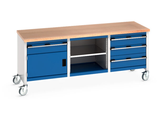 Mobile Workshop Workstation - Cubio Mobile Storage Bench (Mpx) 1 Drawer-Door / Mid Shelf / 3 Drawers. WxDxH: 2000X750X840mm Ral 7035/5010 _SKU-41002127.11V