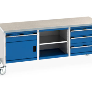 Industrial Workbenches On Castors - Cubio Mobile Storage Bench (Lino) 1 Drawer-Door / Mid Shelf / 3 Drawers. WxDxH: 2000X750X840mm Ral 7035/5010 _SKU-41002129.11V