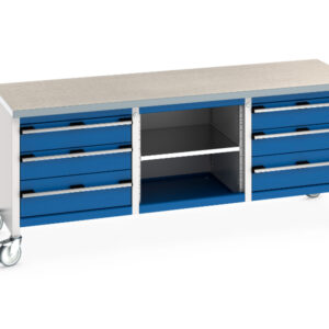 Workbench On Wheels with Drawers - Cubio Mobile Storage Bench (Lino) 3 Drawers / Mid Shelf / 3 Drawers. WxDxH: 2000X750X840mm Ral 7035/5010 _SKU-41002132.11V