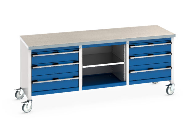 Workbench On Wheels with Drawers - Cubio Mobile Storage Bench (Lino) 3 Drawers / Mid Shelf / 3 Drawers. WxDxH: 2000X750X840mm Ral 7035/5010 _SKU-41002132.11V