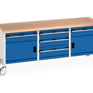 Industrial Workbenches On Wheels - Cubio Mobile Storage Bench (Mpx) 1 Drwr-Door / 3 Drw Cab / 1 Drwr-Door. WxDxH: 2000X750X840mm Ral 7035/5010 _SKU-41002133.11V