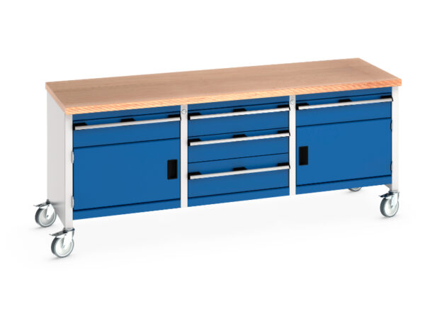Industrial Workbenches On Wheels - Cubio Mobile Storage Bench (Mpx) 1 Drwr-Door / 3 Drw Cab / 1 Drwr-Door. WxDxH: 2000X750X840mm Ral 7035/5010 _SKU-41002133.11V