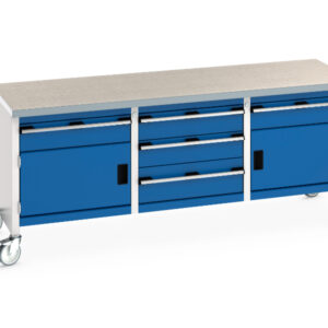 Portable Workbench On Wheels with Drawers - Cubio Mobile Storage Bench (Lino) 1 Drwr-Door / 3 Drw Cab / 1 Drwr-Door. WxDxH: 2000X750X840mm Ral 7035/5010 _SKU-41002135.11V
