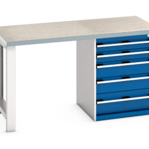 Hevay Duty 5 Drawer Cupboard Workbench - Cubio Pedestal Bench (Lino) with 5 Drawer Pedestal Cabinet. WxDxH: 1500X750X840mm Ral 7035/5010 _SKU-41003135.11V