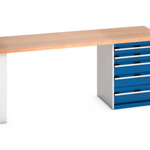 Heavy Duty Workbench with Drawers - Cubio Pedestal Bench (Mpx) with 5 Drawer Pedestal Cabinet. WxDxH: 2000X750X840mm Ral 7035/5010 _SKU-41003229.11V