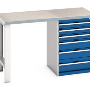 Heavy Duty Bott Workbenches withdrawers - Cubio Pedestal Bench (Lino) with 6 Drawer Pedestal Cabinet. WxDxH: 1500X750X940mm Ral 7035/5010 _SKU-41003493.11V