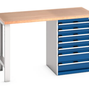 Workbench with Under Cupboard - Cubio Pedestal Bench (Mpx) with 7 Drawer Pedestal Cabinet. WxDxH: 1500X750X940mm Ral 7035/5010 _SKU-41003496.11V