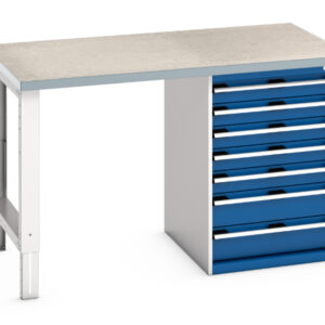 Industrial Workbench with Storage - Cubio Pedestal Bench (Lino) with 7 Drawer Pedestal Cabinet. WxDxH: 1500X900X940mm Ral 7035/5010 _SKU-41003499.11V