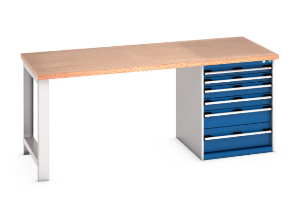 Workbench with 6 Drawers And 1 Cabinet - Cubio Pedestal Bench (Mpx) with 6 Drawer Pedestal Cabinet. WxDxH: 2000X900X840mm Ral 7035/5010 _SKU-41004115.11V
