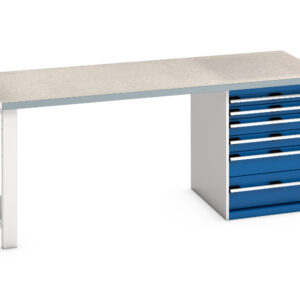 Bott Cubio Heavy Duty Workbench - Cubio Pedestal Bench (Lino) with 6 Drawer Pedestal Cabinet. WxDxH: 2000X900X840mm Ral 7035/5010 _SKU-41004116.11V