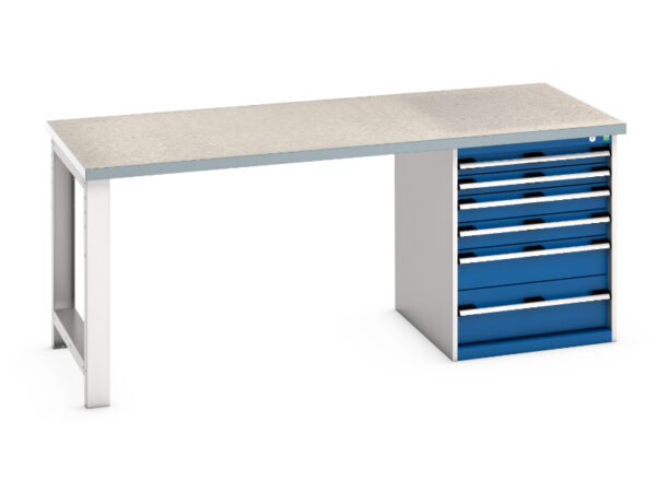 Bott Cubio Heavy Duty Workbench - Cubio Pedestal Bench (Lino) with 6 Drawer Pedestal Cabinet. WxDxH: 2000X900X840mm Ral 7035/5010 _SKU-41004116.11V