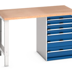 6 Drawer Industrial Workbench - Cubio Pedestal Bench (Mpx) with 6 Drawer Pedestal Cabinet. WxDxH: 1500X900X940mm Ral 7035/5010 _SKU-41004117.11V