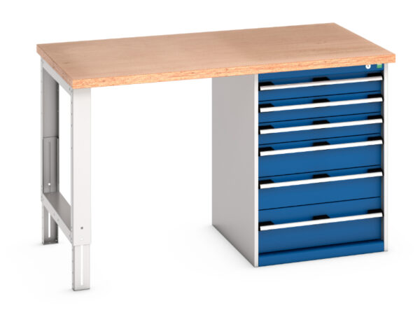6 Drawer Industrial Workbench - Cubio Pedestal Bench (Mpx) with 6 Drawer Pedestal Cabinet. WxDxH: 1500X900X940mm Ral 7035/5010 _SKU-41004117.11V
