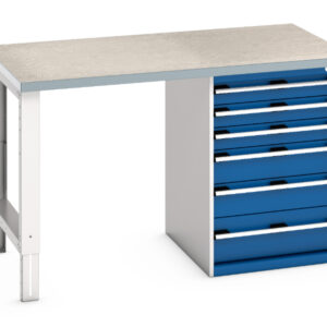 Workbench with 6 Drawers And 1 Cupboard - Cubio Pedestal Bench (Lino) with 6 Drawer Pedestal Cabinet. WxDxH: 1500X900X940mm Ral 7035/5010 _SKU-41004118.11V