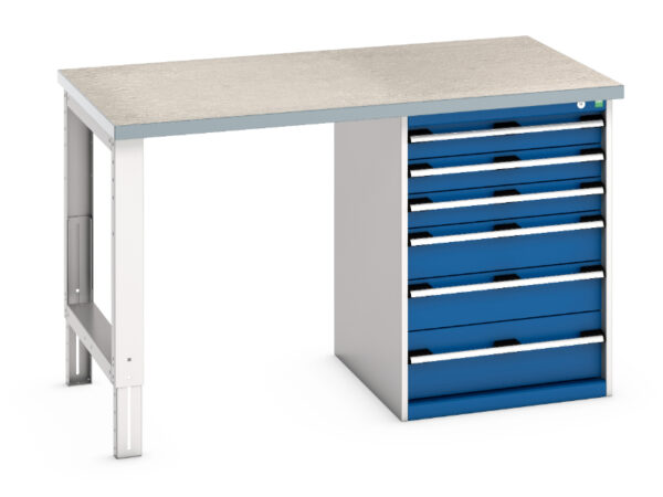 Workbench with 6 Drawers And 1 Cupboard - Cubio Pedestal Bench (Lino) with 6 Drawer Pedestal Cabinet. WxDxH: 1500X900X940mm Ral 7035/5010 _SKU-41004118.11V
